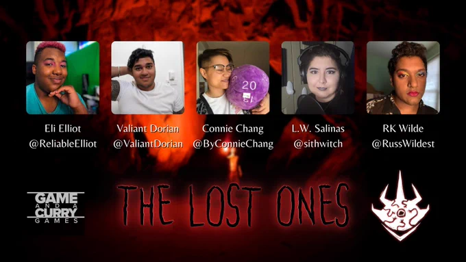A promotional image for the prologue of Fear In Living Color, The Lost Ones. The background image features a single figure bathed in red light underground. The foreground has photos, names, and twitter handles of the five members of the episode cast. From right to left, Eli Elliot (@ReliableElliot), Valiant Dorian (@ValiantDorian), Connie Chang (@ByConnieChang), L. W. Salinas (@sithwitch), RK Wilde (@RussWildest).

Below the photos there is a logo for the sponsor "Game and a Curry Games", the name "The Lost Ones", and a symbol of a eye which represents the podcast.