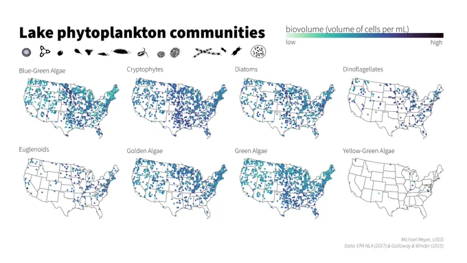 A panel of replicate maps that each show the spatial distribution of lake algal communities across the US. Blue-green algae and green algae are in highest density in the SE US. Cryptophytes, diatoms, and golden algae show a similar but weaker spatial pattern. Dinoflagellates, Euglenoids and yellow-green algae are the least common across lake communities.