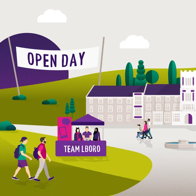 An illustration featuring a University building, people walking and a banner saying 'Open Day'