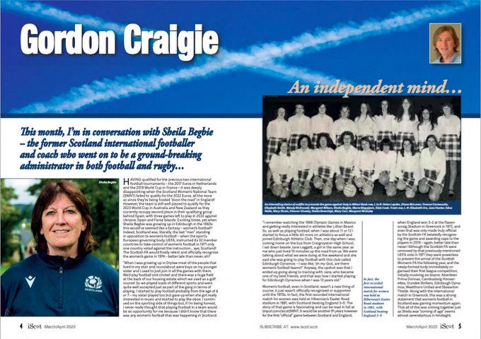 This image shows the opening two pages of Gordon Craigie’s interview with Sheila Begbie in Issue 79 of the award-winning iScot Magazine.