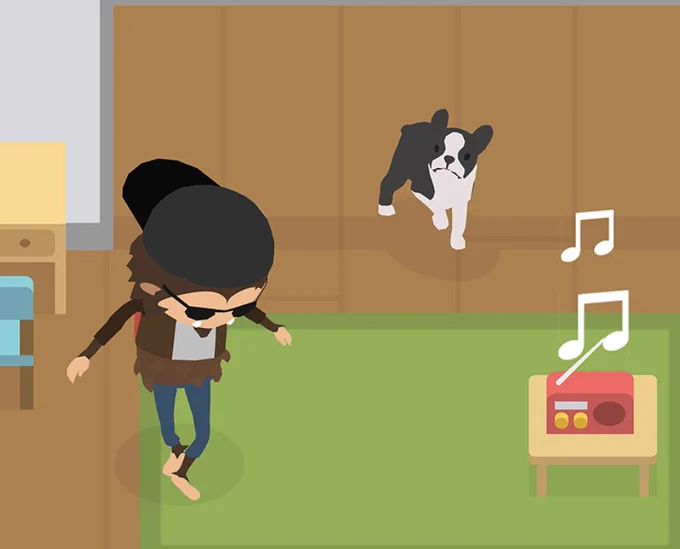 An image of Sneaky Sasquatch dancing and their dog watching.