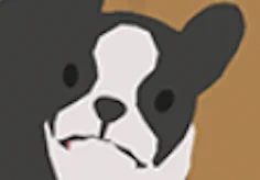 A close up image of Sasquatch's dog's face with an unamused facial expression.