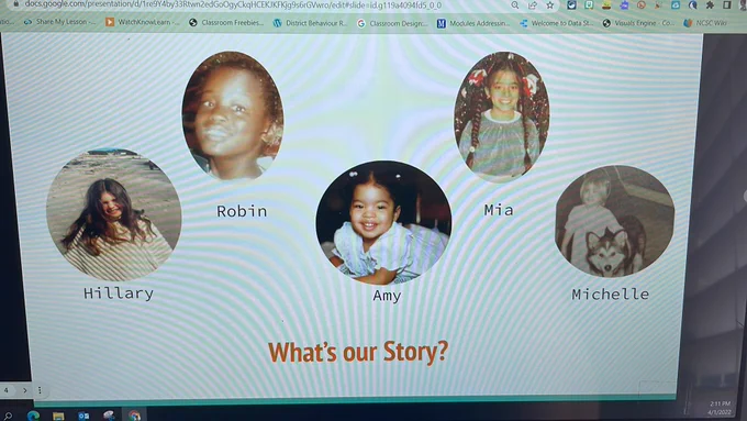 5 photos of young girls- presenters, of different skin tones, Hillary, Robin, Amy, Mia, Michelle what’s our story