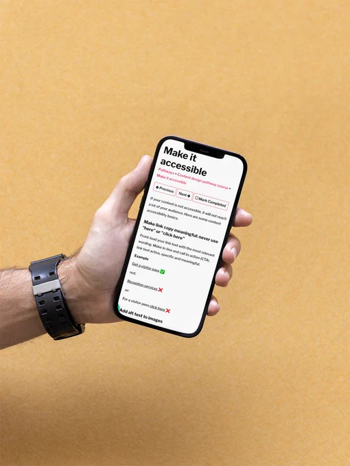 Hand holding phone, with wristwatch. Screen shows title Make it accessible. Navigation, buttons, sub-headers and body text is not large enough to be read.