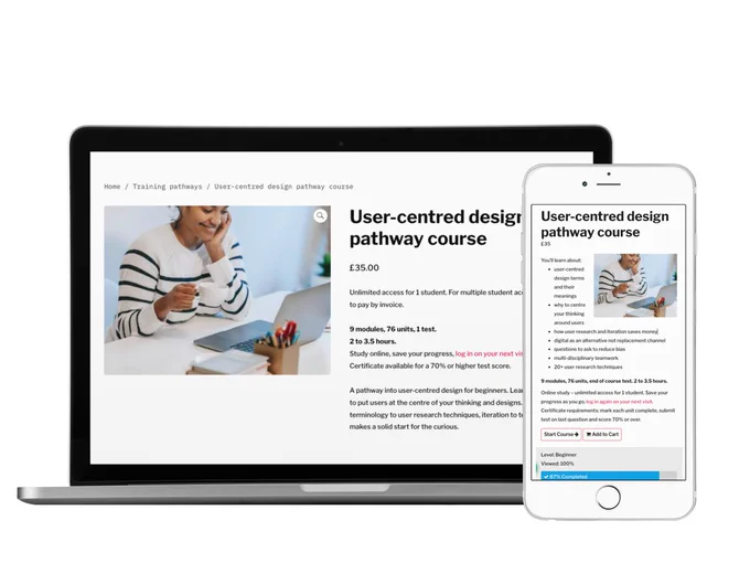 A laptop and a mobile phone, both showing the User-centred design pathway course product. You can just about see the price of £35 and then some descriptive body text.