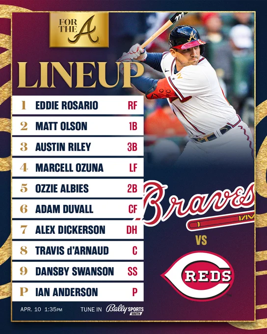 Rosario RF, Olson 1B, Riley 3B, Ozuna LF, Albies 2B, Duvall CF, Dickerson DH, d'Arnaud C, Swanson SS, Anderson P. First pitch at 1:35.