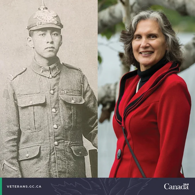 Peter Lavelley in his military uniform, standing next to a chair. Wendy Jocko in a red jacket.