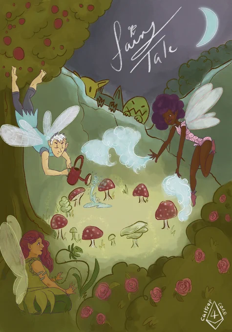 Cover of fairy tale. It has an illustration of a fairy grotto with three fairies doing magic around a mushroom fairy ring. The crescent moon shines light on the surrounding hills, and three goblins poke their heads over a hill, watching the fairies.