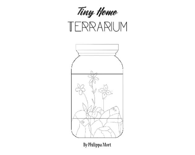 Cover of Tiny Home Terrarium which has the title and a linear illustration of a glass jar filled with rocks and flowers.