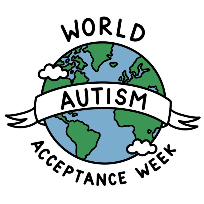 A hand drawn world icon (dark green land, light blue sea) with a white banner over it and clouds. The wording 'World Autism Acceptance Week' sits above, over and under the design in a circular motion.