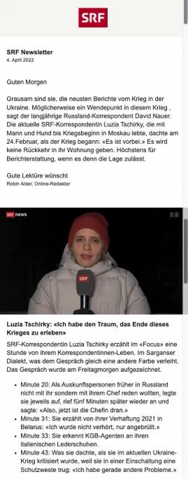 Die aktuelle SRF-Korrespondentin Luzia Tschirky, die mit Mann und Hund bis Kriegsbeginn in Moskau lebte, dachte am 24.Februar, als der Krieg begann: «Es ist vorbei.» Es wird keine Rückkehr in ihr Wohnung geben. Sie erzählt im «Focus» eine Stunde von ihrem Korrespondentinnen-Leben. Im Sarganser Dialekt, was dem Gespräch gleich eine andere Farbe verleiht. Das Gespräch wurde am Freitagmorgen aufgezeichnet.
Minute 20: Als Auskunftspersonen früher in Russland nicht mit ihr sondern mit ihrem Chef reden wollten, legte sie jeweils auf, rief fünf Minuten später wieder an und sagte: «Also, jetzt ist die Chefin dran.» 
Minute 31: Sie erzählt von ihrer Verhaftung 2021 in Belarus: «Ich wurde nicht verhört, nur angebrüllt.» 
Minute 33: Sie erkennt KGB-Agenten an ihren italienischen Lederschuhen.
Minute 43: Was sie dachte, als sie im aktuellen Ukraine-Krieg kritisiert wurde, wurde, weil sie in eine Schutzweste trug: «Ich habe gerade andere Probleme.»