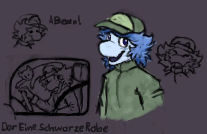 Various doodles of Wren, a blue creature with a big snoot and fluffy hairs