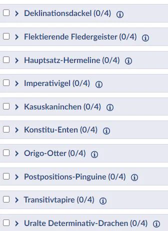 Die Arbeitsgruppen für Studierende heißen: Deklinationsdackel, Flektierende Fledergeister, Hauptsatz-Hermeline, Imperativigel, Kasuskaninchen, Konstitu-Enten, Origo-Otter, Postpositions-Pinguine, Transitivtapire, Uralte Determinativ-Drachen