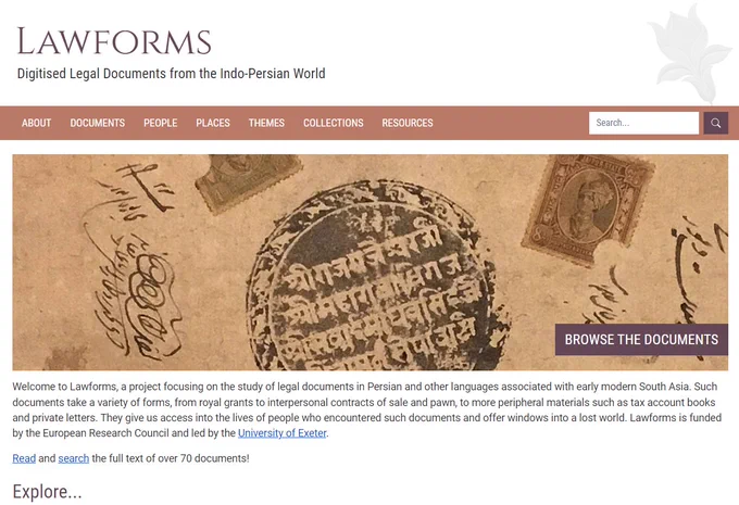 Screenshot of the Lawforms website home page, with the title ‘Lawforms: Digitised Legal Documents from the Indo-Persian World’ on a white background above a dark orange menu bar. There is a large close up image of a document in Persian with a large circular wax seal and several postage stamps, with a link inviting readers to ‘browse the documents’.