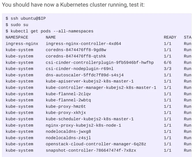 Screenshot of a part of the tutorial where I look at the running pods after deploying Kubernetes