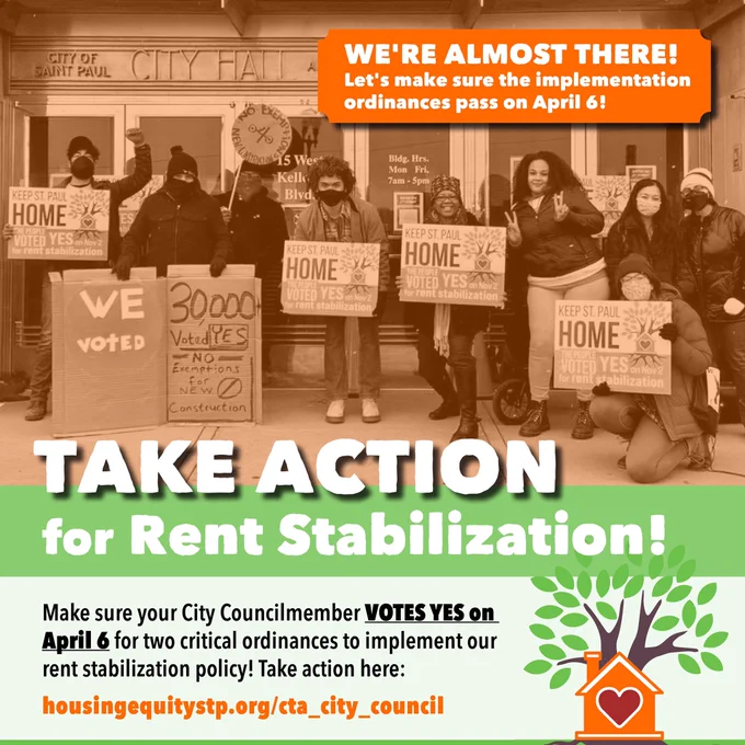 Photo of activists standing in front of City Hall with text that reads “We’re almost there! Let’s make sure the implementation ordinances pass on April 6! Take action for rent stabilization! Make sure your City Councilmember VOTES YES on April 6 for two critical ordinances to implement our policy!”