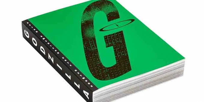 Image of the cover of the book, GODZILLA: Asian American Arts Network. Features black and white text over a green background.