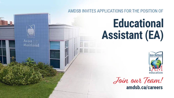 Image of AMDSB main office. Text: AMDSB invites applications for the position of Educational Assistant (EA). AMDSB logo. Text: Join our team! amdsb.ca/careers