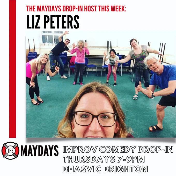 Image of a woman taking a selfie in glasses with 6 people in the background waving at the camera during The Maydays Improv comedy Drop-in, Thursdays 7-9pm BHASVIC Brighton