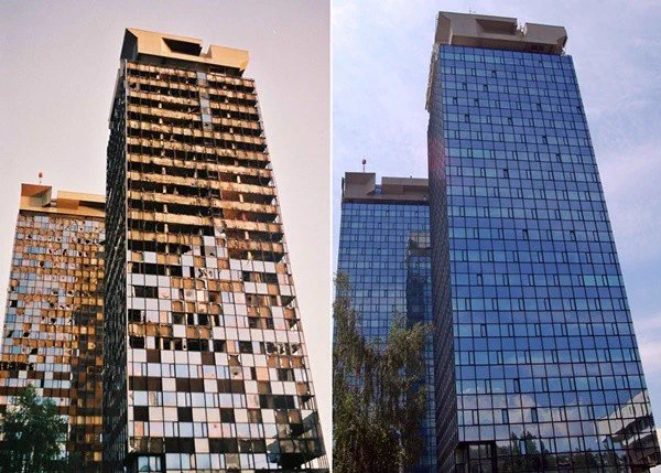 A picture of the twin towers of sarajevo, the way they look destroyed and then rebuilt