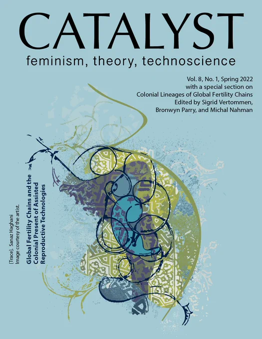 The cover pictures the silhouette of the pregnant female form abstractly with fluid lines and interconnected patterns. Meandrous designs and complex relationships become birth. Forms and twists move in and out of the body.