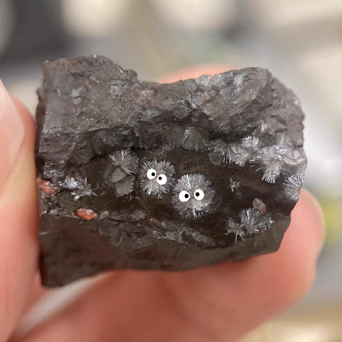 Radial aggregates of silvery metallic needle-like crystals on a brown-grey matrix. Cartoon eyes have been drawn on the mineral aggregates to make them look like the soot sprites from Spirited Away.