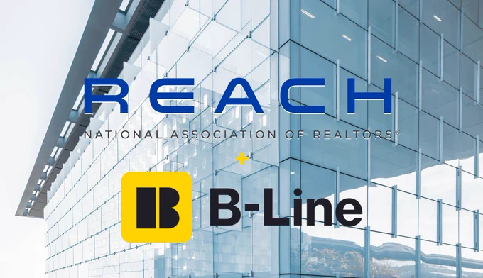 Glass commercial building in the background behind the text Reach National Association of Realtors in blue and grey text and B-line in black and yellow text below.