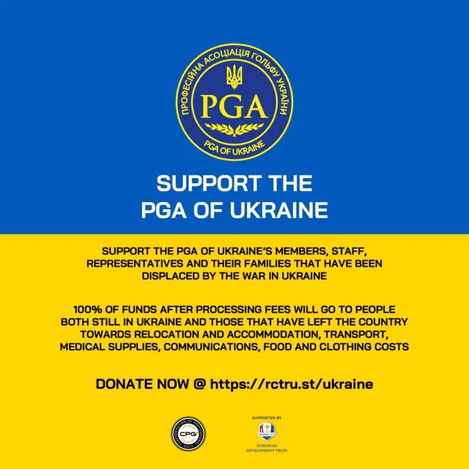 SUPPORT THE PGA OF UKRAINE’S MEMBERS, STAFF, REPRESENTATIVES AND THEIR FAMILIES THAT HAVE BEEN DISPLACED BY THE WAR IN UKRAINE.

100% OF FUNDS AFTER PROCESSING FEES WILL GO TO PEOPLE BOTH STILL IN UKRAINE AND THOSE THAT HAVE LEFT THE COUNTRY TOWARDS RELOCATION AND ACCOMMODATION, TRANSPORT, MEDICAL SUPPLIES, COMMUNICATIONS, FOOD AND CLOTHING COSTS.

DONATE NOW @ https://rctru.st/ukraine 
