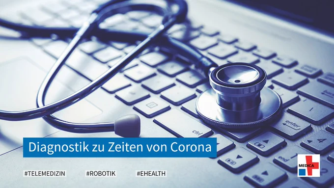 Stethoskop auf einer Computer-Tastatur; Text: Diagnostik in Zeiten von Corona – Telemedizin bietet eine sichere Alternative; Copyright: PantherMedia/ronstik