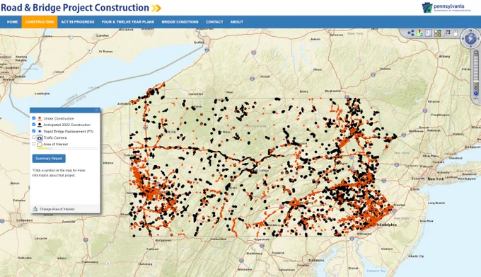 Black and orange dots on a map of Pennsylvania representing ongoing and upcoming road construction projects.