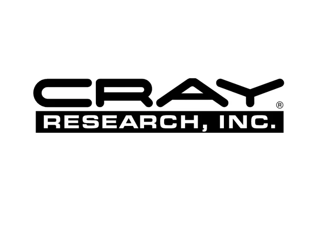 Logo of Cray Research. In Black letters, it says "CRAY," then below it, white letters in a black rectangle say, "RESEARCH, INC."