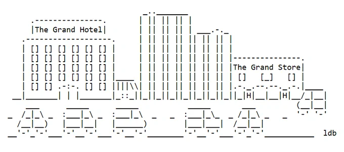 ASCII art from https://asciiartist.com/an-ascii-art-city/