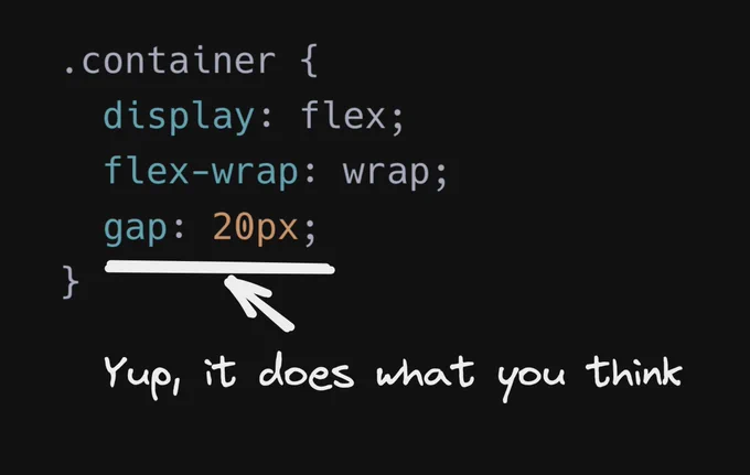 Code example for flex gap:

.container {
  display: flex;
  flex-wrap: wrap;
  gap: 20px;
}