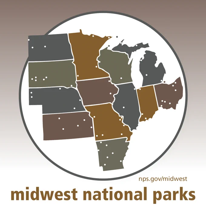 Map of the Midwest US including Arkansas. Every state is shaded a different color. Small dots represent sites administered by the National Park Service. Text below reads, "midwest national parks." Smaller text reads, "nps.gov/midwest"