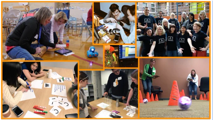 Photos of educators learning about K 12 computer science education with hands-on activities