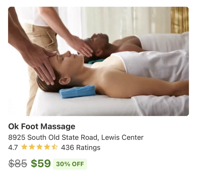 Screenshot of Groupon ad for the store “Ok Foot Massage”. Picture of massage therapist massaging someone’s head