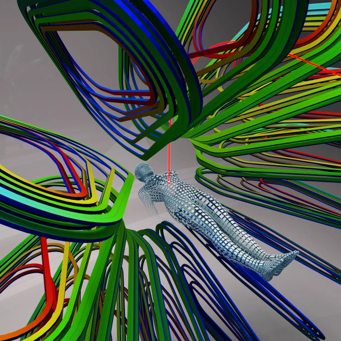 GaToroid Innovative gantry designs reduce the size, weight and complexity of the massive magnetic structures that allow a hadron-therapy beam (red) to reach the patient from different angles. (Image: CERN)