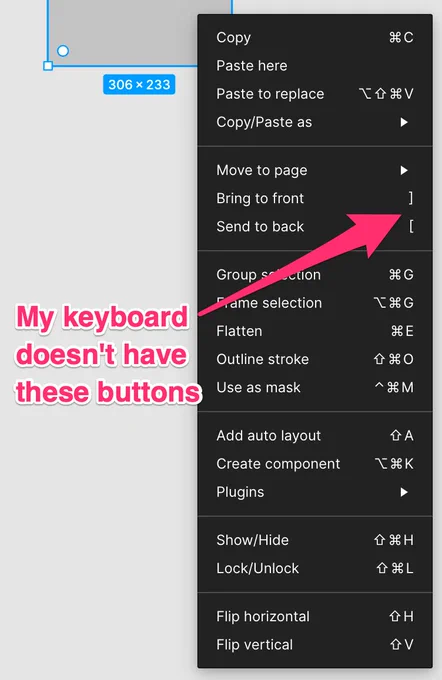 Figma contextual menu with the [ and ] glyphs shown as keyboard shortcuts. My keyboard doesn't have these buttons.
