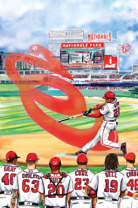 Illustration of Juan Soto of the Washington Nationals hitting a baseball, as other Nationals players Gray, Doolittle, Ruiz, Cruz, Bell and Corbin watch.
