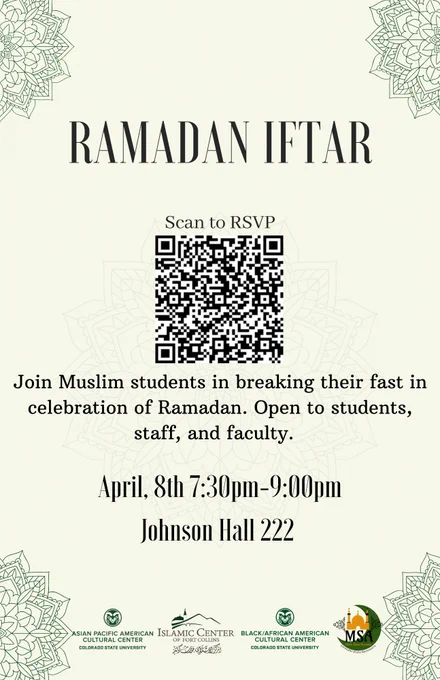 Cream background with green mandalas on the four corners of the image. In the center of the image is black text and large QR code. On the bottom of the image are the APACC, Islamic Center of Fort Collins, B/AACC, and Muslim Student Association logos.
