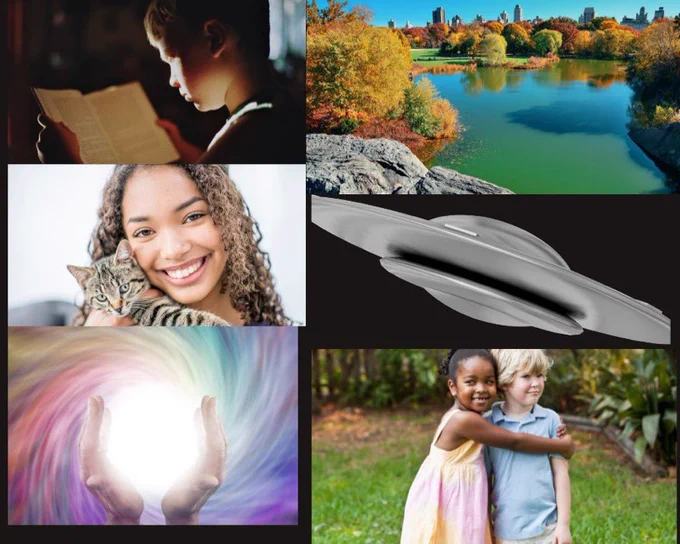 Boy reading, girl with cat, magic spell, Central Park in autumn, spaceship, boy and girl hugging.