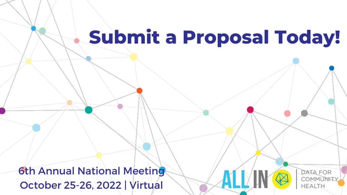 Text: Submit a Proposal Today. 6th Annual National Meeting. October 25-26, 2022 | Virtual. All In Data for Community Health Logo. Background is colorful nodes.
