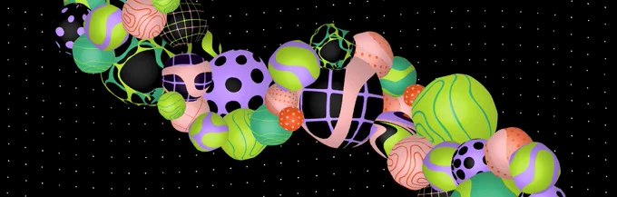 Spherical objects in purple, green, coral, against a black background with dots.