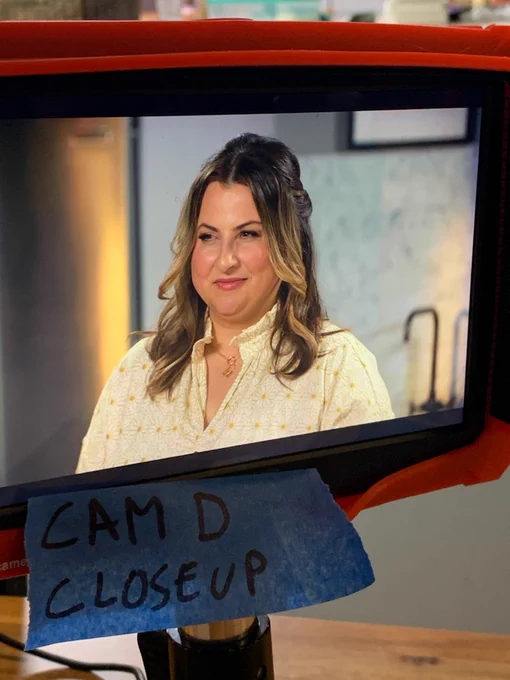 A close-up of a camera feed shows Mary on set of Dish with Mary Season two. A piece of tape reads "Cam D Close-up".