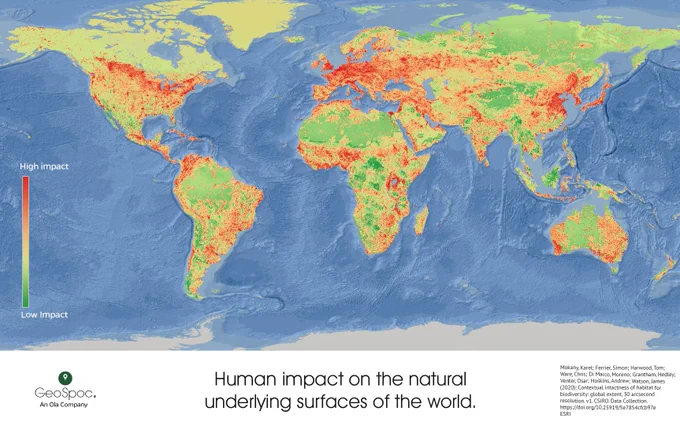 Map of Earth for assessing human impact on the underlying surface of planet earth