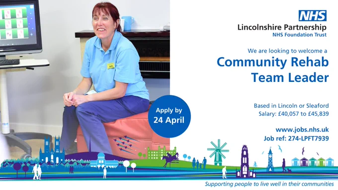 We are looking to appoint a Team Leader in our Community Rehab team.  This is a permanent full-time band 7 position that pays £40,057 to £45,839 and is based in Lincoln or Sleaford.  You have until 24 April to apply.  Find out more and apply at https://bit.ly/37zQoca
