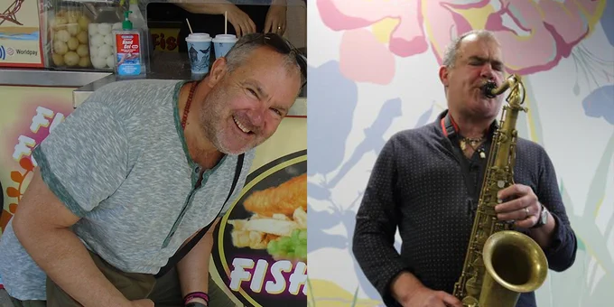 Two images of Greg. Image one shows him smiling in front of a van. Image two shows him playing the saxophone.