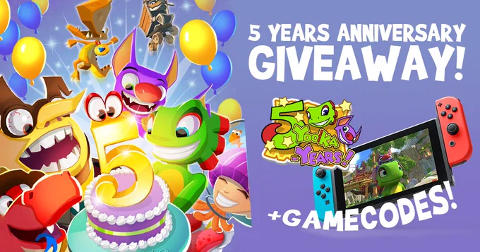 5 year anniversary giveaway image with Yooka-Laylee characters around a cake. Prizes for the giveaway: a Nintendo Switch, a limited edition Yooka-Laylee pin and game codes.