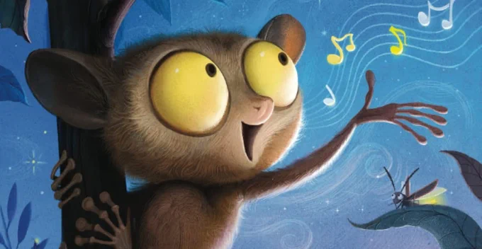 Illustration from the cover of Terry Tatchell's new book, TARSIER SINGS HIS SONG.