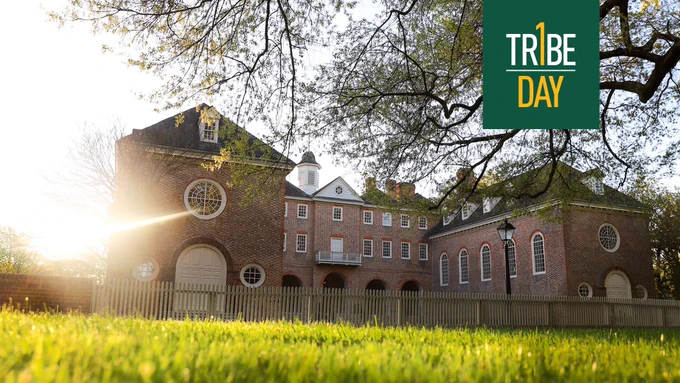 The Wren Building at the College of William and Mary overlayed with a “One Tribe One Day” logo.